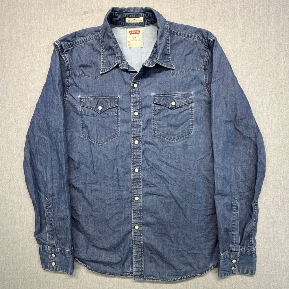 Levi's Western Denim Shirt Mens Blue Size Large Pearl Snap Button Long Sleeve